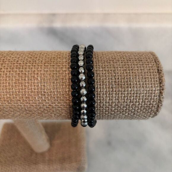 Lot Of 3 Francesca's Collections Beaded Silver-tone Cross Bracelet Set Black OS - Picture 2 of 3